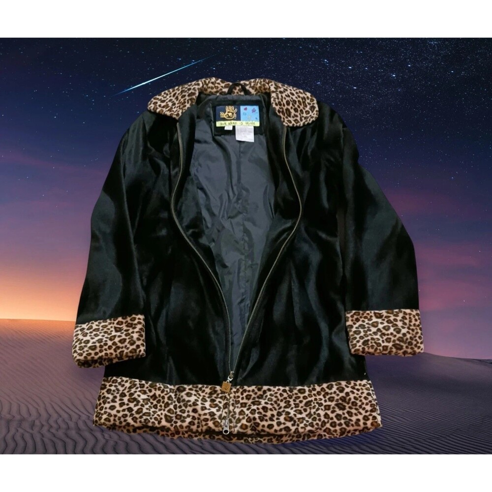 Mudd Women's Black Faux Fur Leopard Print Trim Full Zip Coat Jacket Y2K Small - Picture 3 of 10